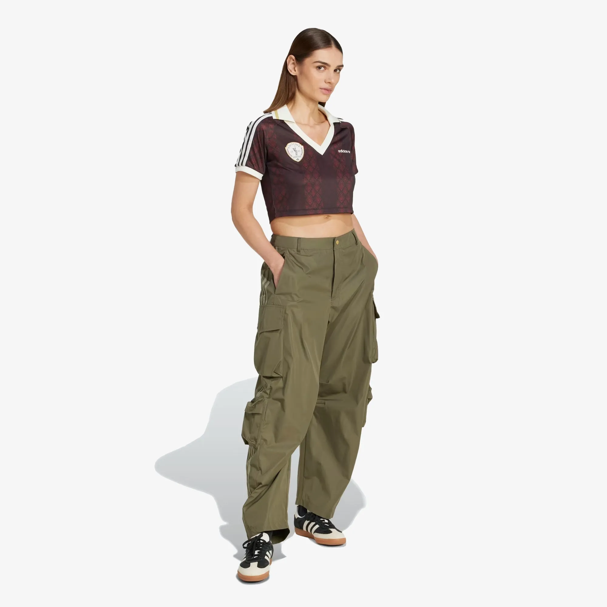 Adidas Originals | RETRO SPORTS CRICKET-INSPIRED CROPPED JERSEY { NIGHT BROWN/RED