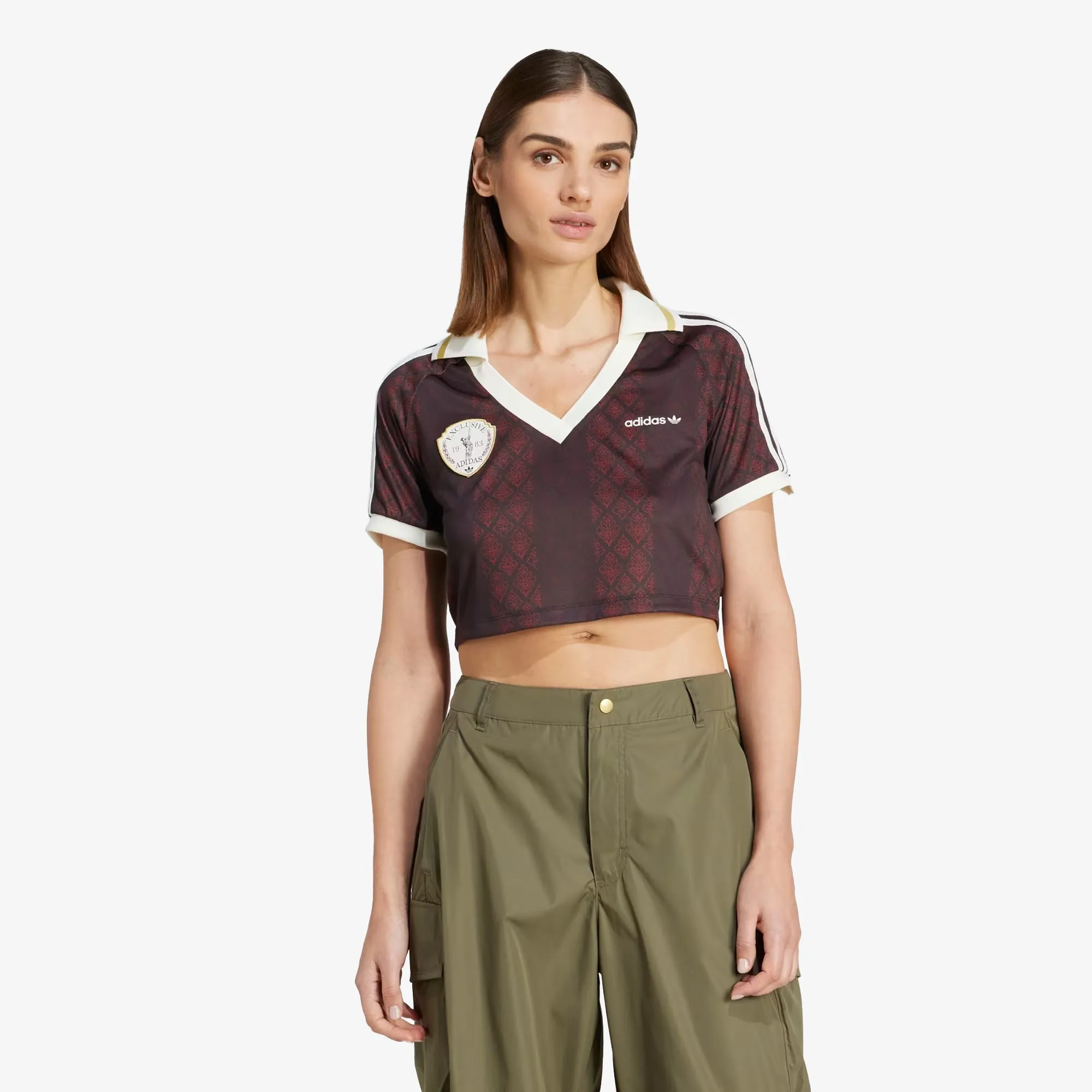 Adidas Originals | RETRO SPORTS CRICKET-INSPIRED CROPPED JERSEY { NIGHT BROWN/RED