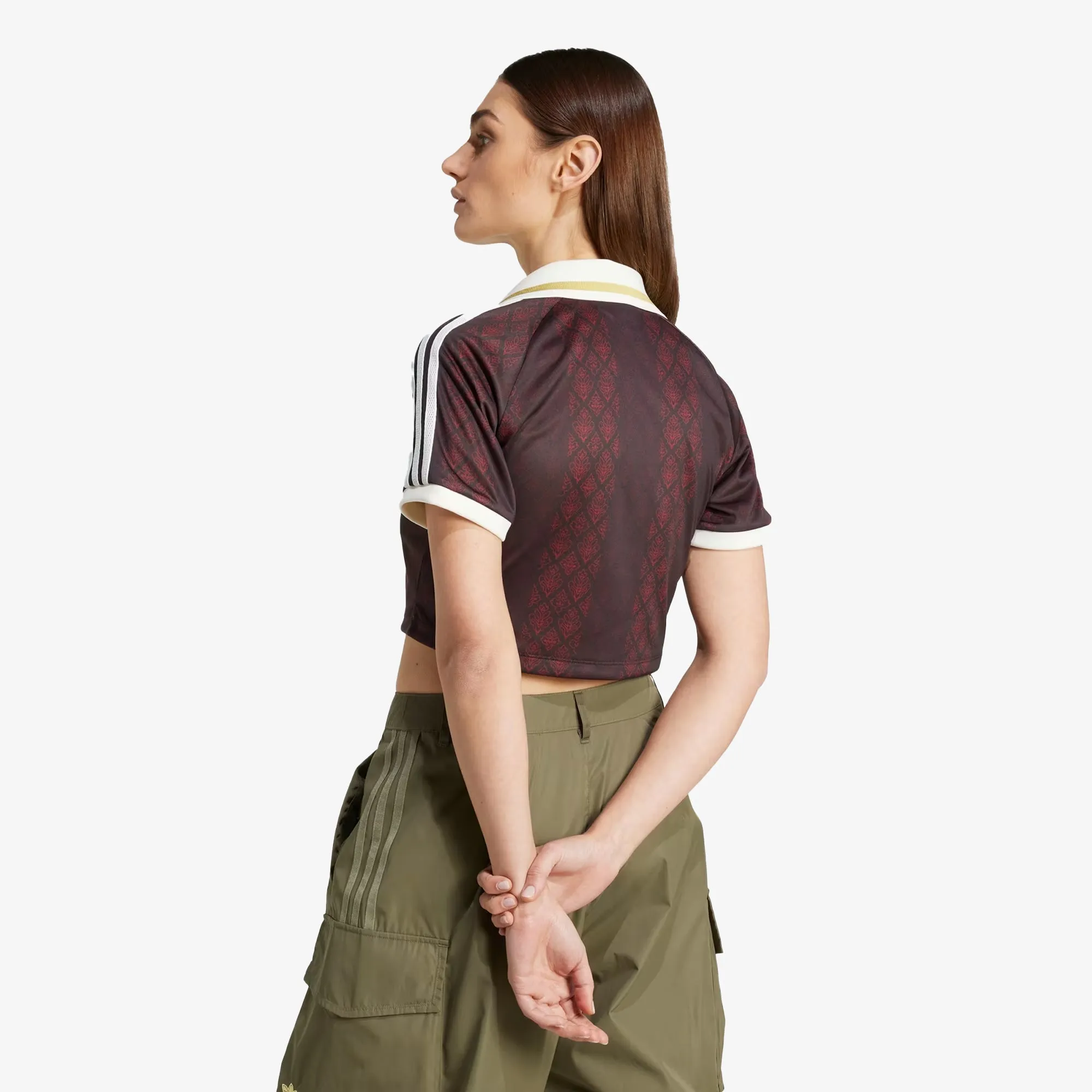 Adidas Originals | RETRO SPORTS CRICKET-INSPIRED CROPPED JERSEY { NIGHT BROWN/RED
