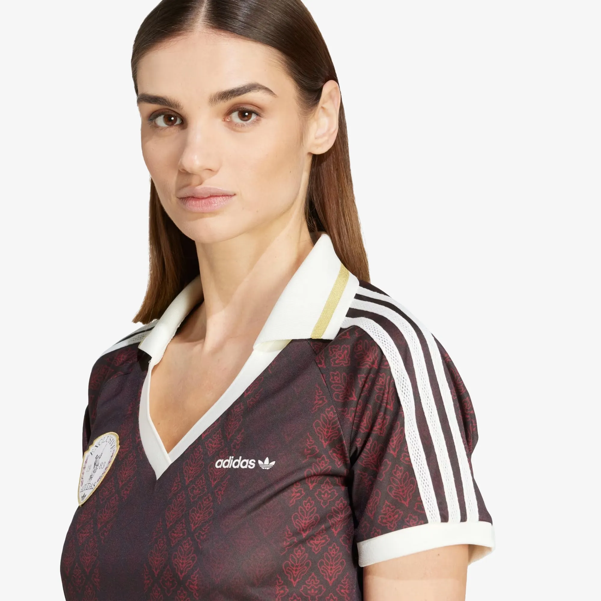 Adidas Originals | RETRO SPORTS CRICKET-INSPIRED CROPPED JERSEY { NIGHT BROWN/RED